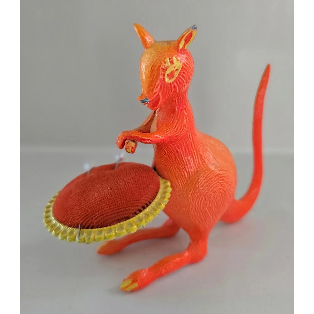 Vintage Orange Cast‎ Metal Kangaroo Pin Cushion Red Velvet Sewing Collectible